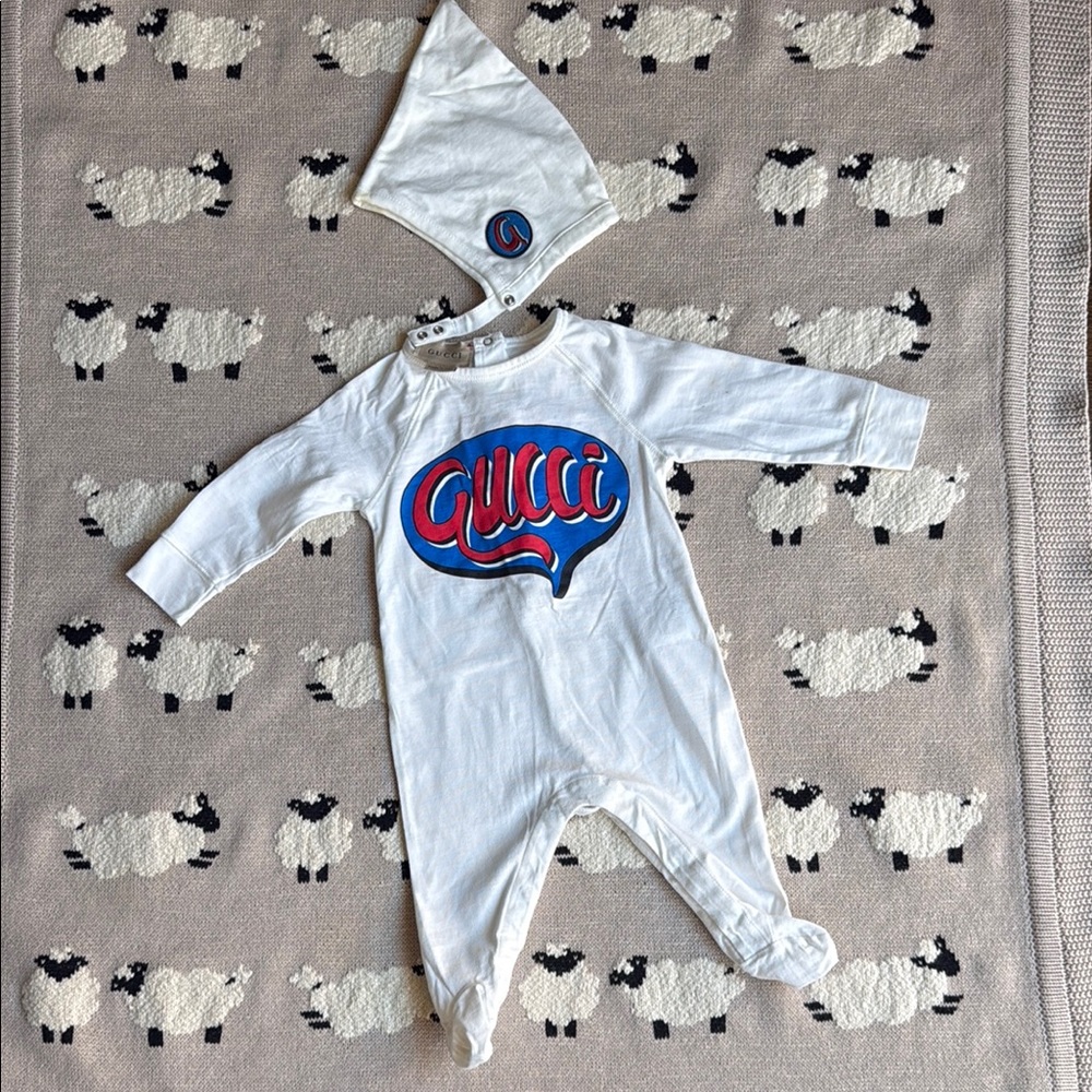 Gucci White and Blue Footies One Piece with Bold Design
